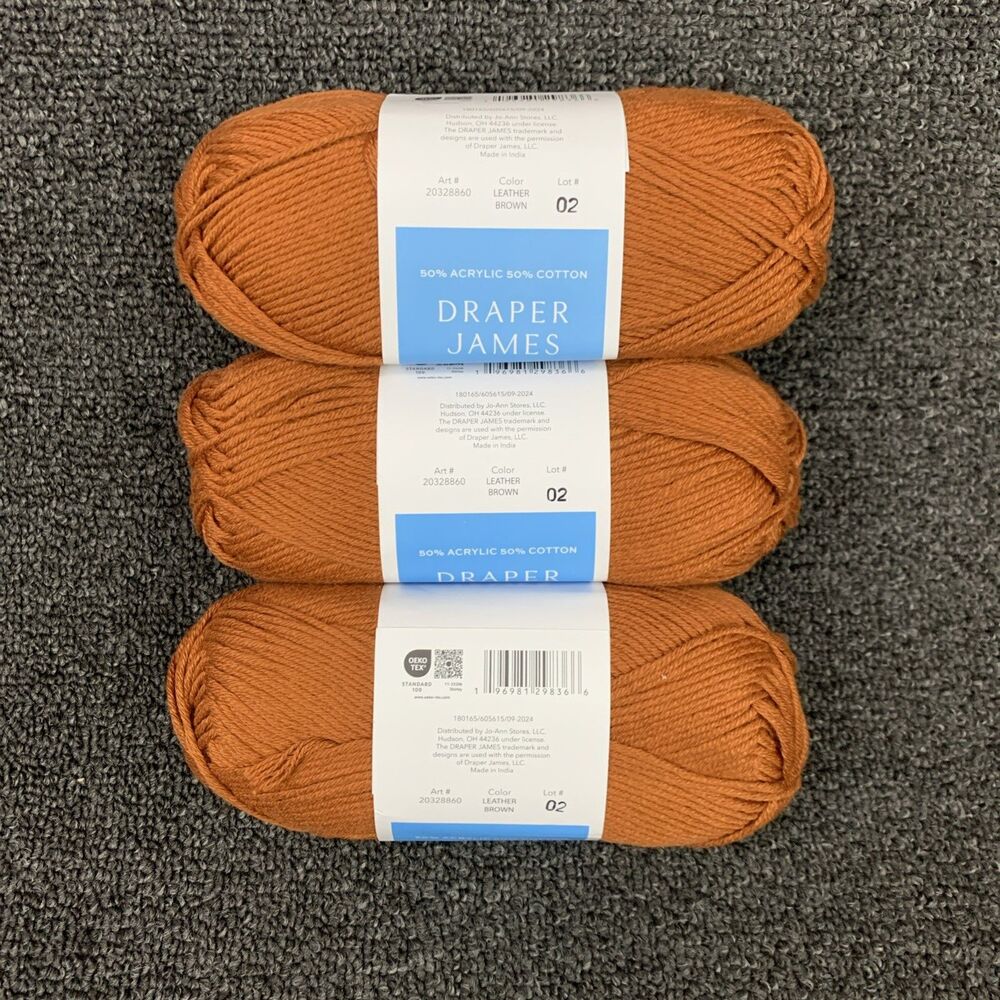 Lot Of 3 Draper James Classic Cotton Leather Brown 175yds Acrylic & Cotton Yarn - Picture 5 of 6
